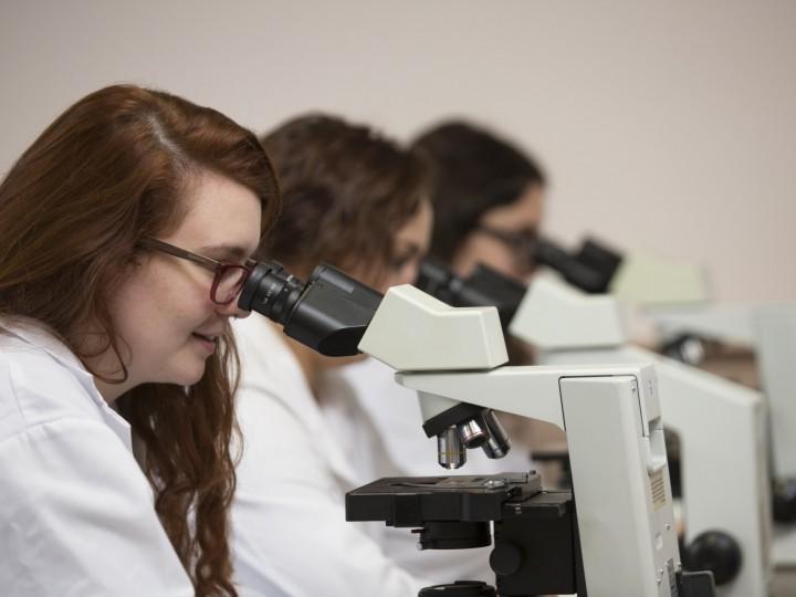 another side view of the students using the microscopes